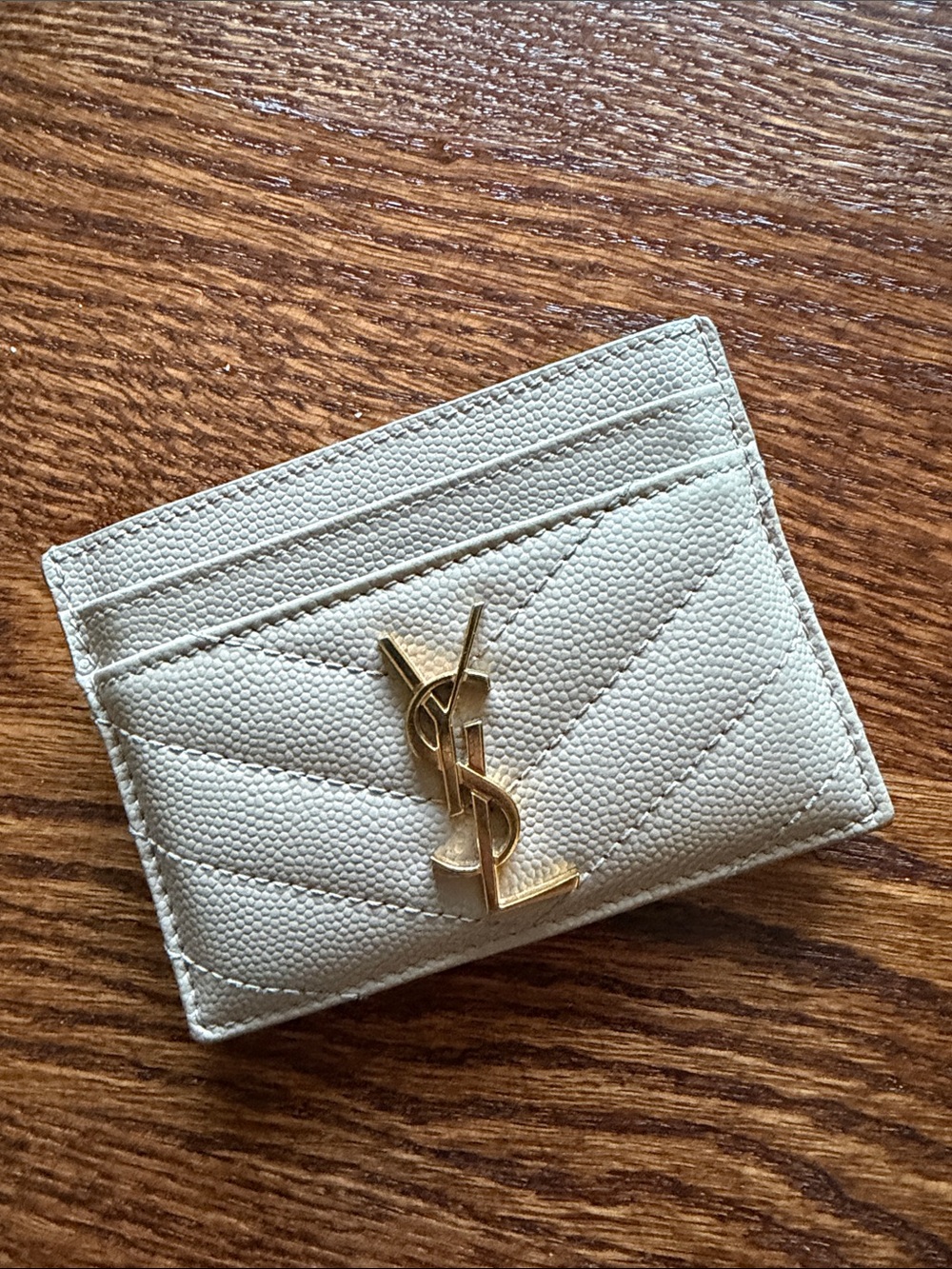 Authentic Saint Laurent Beige Quilted Card Holder with Gold YSL Monogram